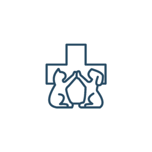 a dog and cat holding hands in front of a cross